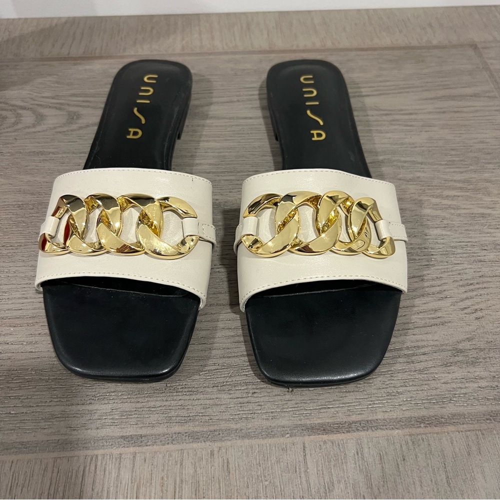 Unisa Women's Cream Slide Sandals with Gold Chain Accent
